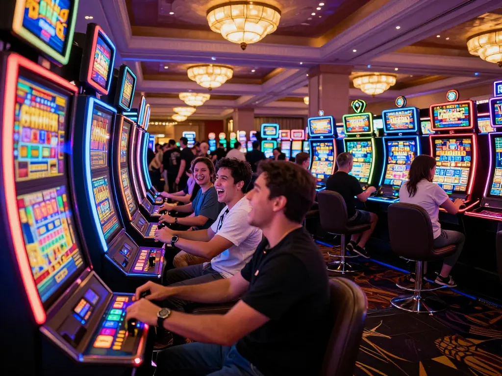 Players winning on slot gacor machines with vibrant lights and celebratory atmosphere in a busy casino
