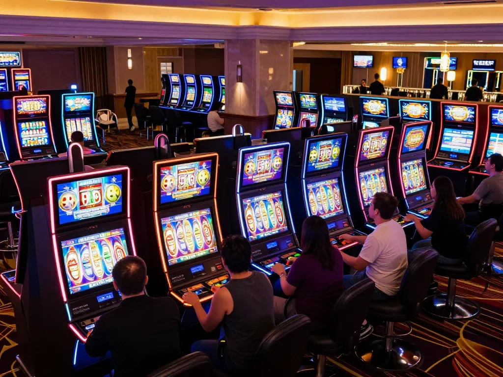 Players enjoying dynamic slot machines with colorful reels in a lively casino.