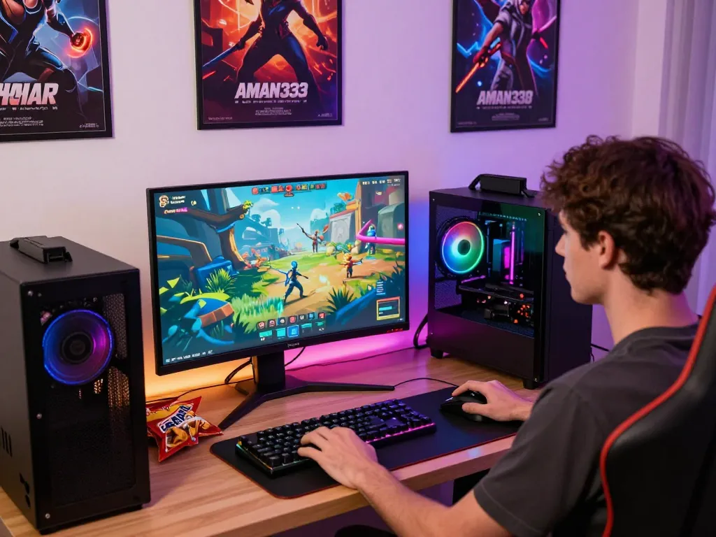 Player immersed in AMAN333 platform game with vibrant graphics and gaming setup.