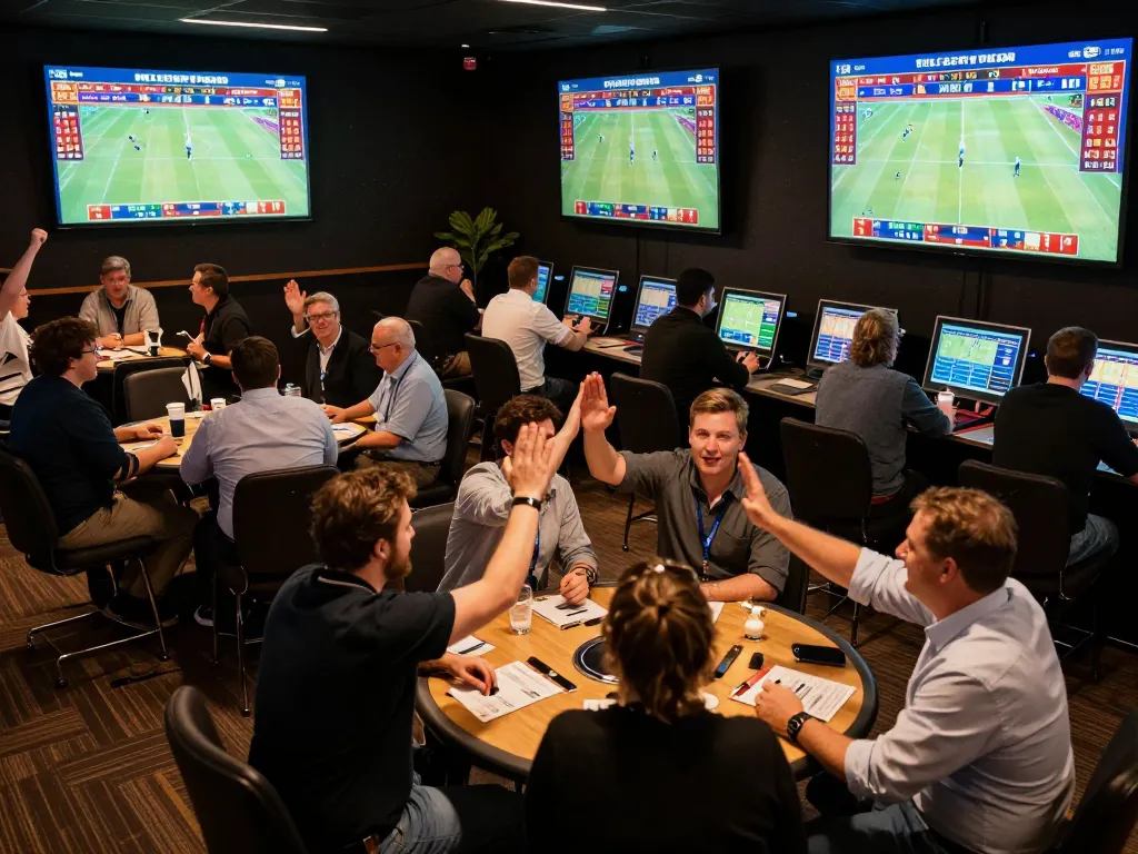 Excited bettors engaging with the 789bet platform during thrilling sports event, showcasing the competitive ambiance.