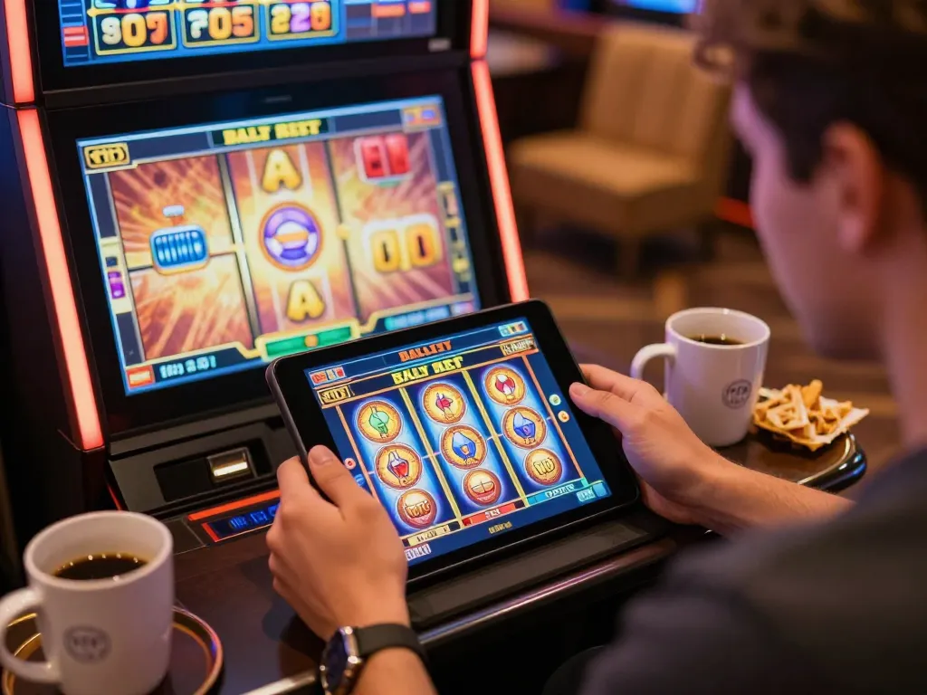 Pemain terlibat dalam aksi slot online dengan OKESLOT di layar tablet yang berwarna-warni di rumah yang nyaman