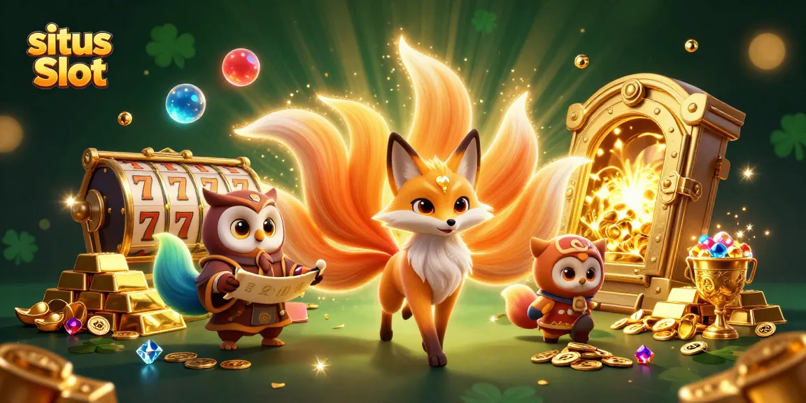 Experience magical wins with situs Slot’s vibrant illustration featuring a nine-tailed fox and treasures.